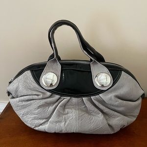 Paolo Masi Genuine Gray leather & Black Patent Leather Horizontal oval Handbag.